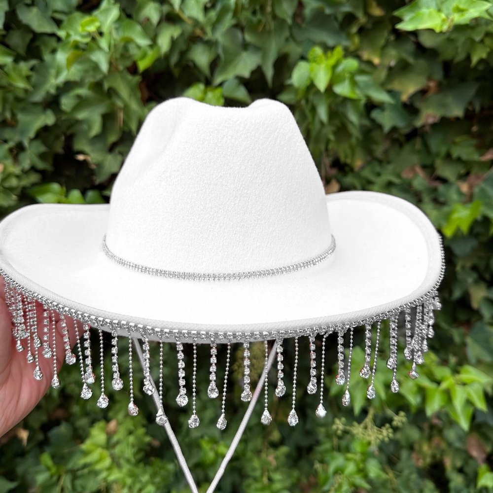 White Diamond Fringe Cowboy/Cowgirl Hat,Rhinestone Fringe Double rhinestone band